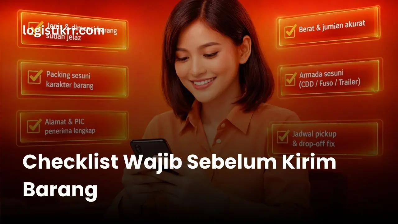 Ilustrasi checklist pengiriman barang dengan dokumen dan peralatan packing