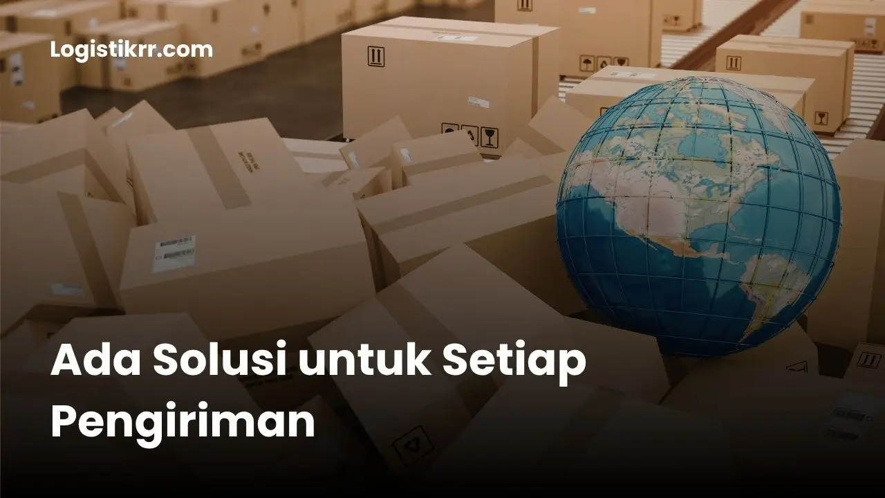 Berbagai moda transportasi logistik: truk kargo, kapal kontainer, dan pesawat kargo